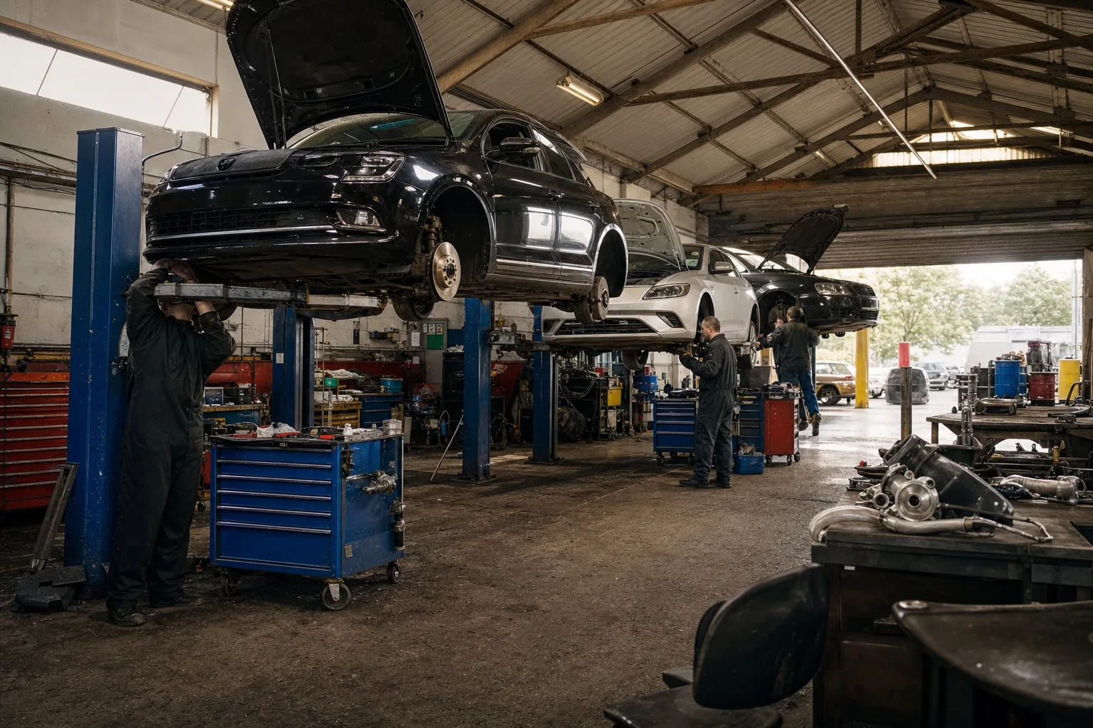 The interior of a busy independent motor workshop with cars raised on ramps