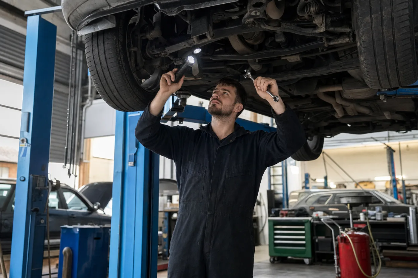 A technician working under a car on a two-post ramp